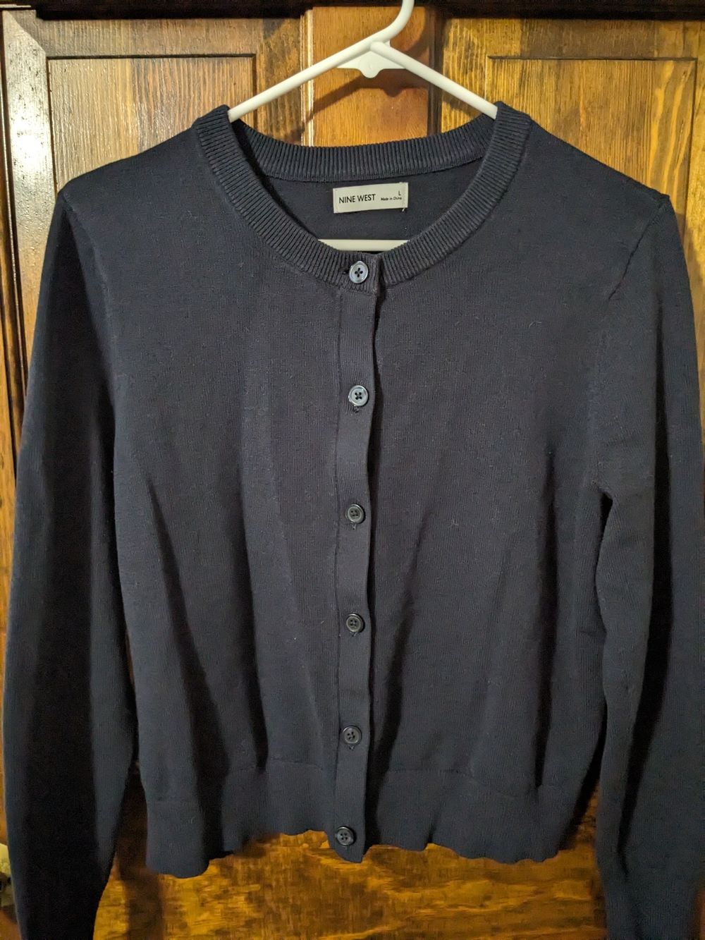 Nine West Navy Button-Front Crewneck Cardigan